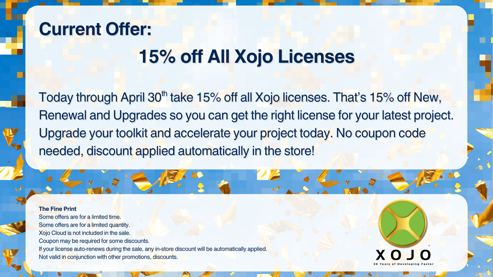 15% off Xojo license offer today through April 30